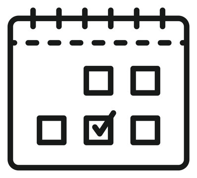 Minimalist black line art vector icon of a calendar with a checkmark on a specific date, symbolizing scheduling, appointment booking, task completion, deadline management, and planning.