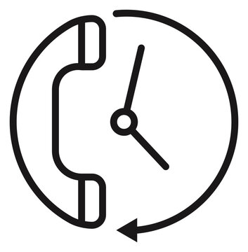 Minimalist black vector icon illustration of a telephone handset combined with a clock and circular arrow, symbolizing call back services, customer support history, and appointment scheduling.