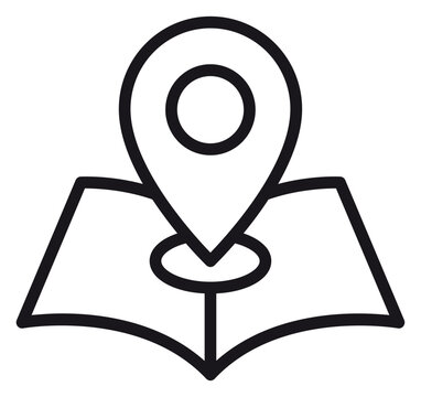 Black line vector icon illustration of a location pin marker on a folded paper map, representing navigation, travel, GPS tracking, and destination points on a white background.