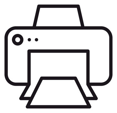 Minimalist black line vector icon of a printer machine for office and home use, scalable graphic illustration of a printing device for documents and paper, isolated symbol on white background.