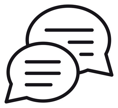 Minimalist black vector icon illustration of two overlapping speech bubbles representing a conversation, chat, or discussion, featuring clean line art design for communication and messaging.