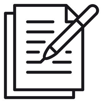 Black line vector icon of a pen writing on a document or paper sheet, representing writing, editing, or signing a contract. Minimalist silhouette symbol for business and education.