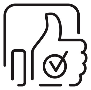 Thumbs up vector icon with checkmark symbol for approval, success, and positive feedback on mobile device, minimalist black line art illustration for business and social media marketing.
