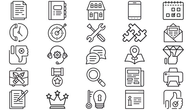 25 Black Vector Icon Set Collection: Minimalist Line Art Symbols for Business, Technology, Communication, and Creative Design. Includes Target, Tools, Calendar, Support, Map, Success, and Office