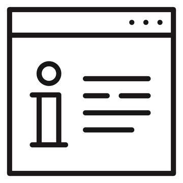 Minimalist black line vector icon illustration of a web browser window featuring an information symbol and text lines, representing online help, digital support, website documentation, and FAQ.
