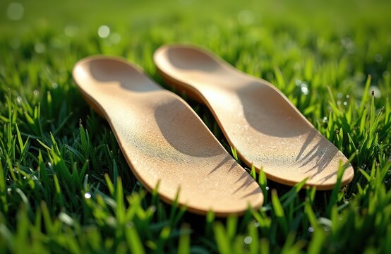 Orthopedic shoe insoles rest on bright green grass. These foot inserts provide arch support for walking running and standing. They help relieve foot pain.