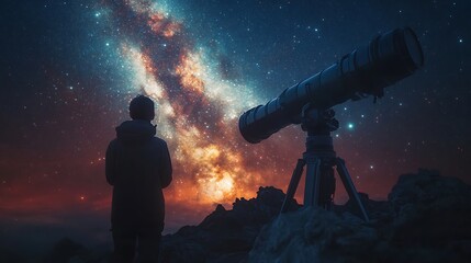 Fototapeta premium Person gazing at a galaxy in night sky with telescope