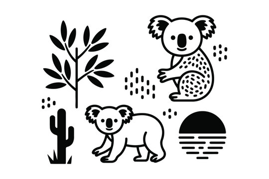 Black and white of koalas with cactus, tree, and sunset