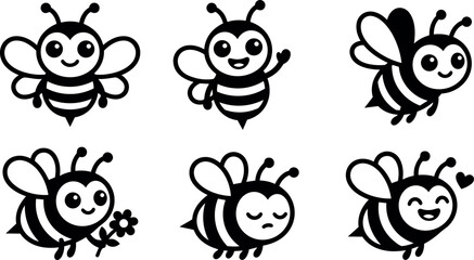Obraz premium Black and white doodle bee characters with various expressions and poses vector art