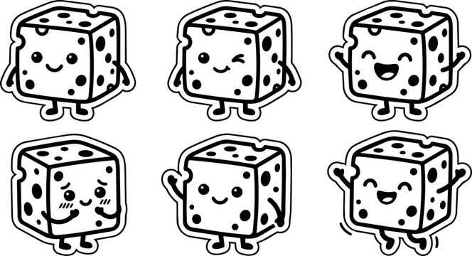 Black and white cute cheese cube characters with happy playful expressions vector line art