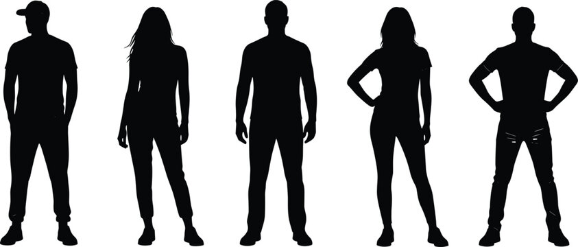 Vector illustration of human silhouettes in casual standing poses with varied postures and clothing styles for design and reference