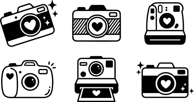 Black and white camera icons set with heart and spark elements in line art style