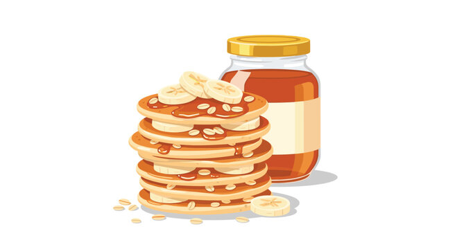A delicious stack of golden brown pancakes topped with fresh banana slices and rolled oats sits beside a glass jar of sweet amber honey on a white background.