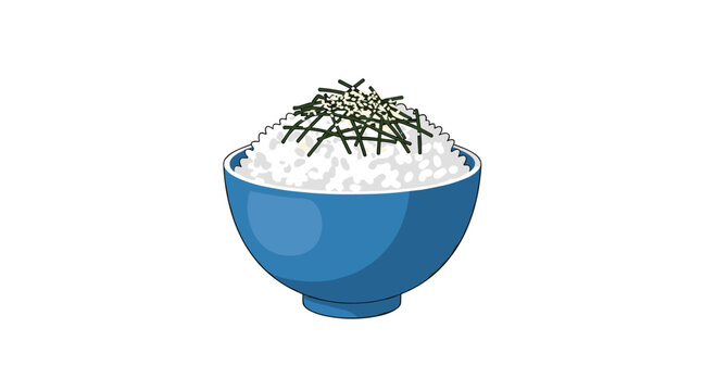 A deep blue ceramic bowl holds a mound of fluffy steamed white rice garnished with delicate strips of dark green nori seaweed and toasted sesame seeds.