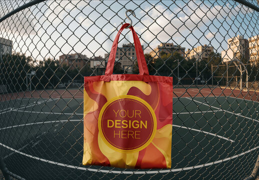 Tote Bag Mockup Hanging On A Chain Link Fence