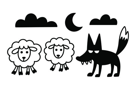 Black and white of two sheep and a wolf under clouds and moon cartoon night