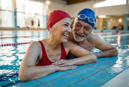 Senior woman smiling at a man in an indoor swimming pool with other swimmers blurred