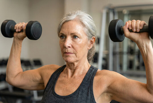 Senior woman lifting dumbbells during weight training in gym