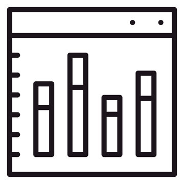 Minimalist black line vector icon of a web browser dashboard featuring a bar chart for data visualization, analytics, and business statistics reporting, clean scalable graphic illustration.