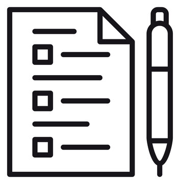 Black vector icon illustration of a checklist document with checkboxes and a pen, representing a to-do list, survey, exam, or application form, minimalist line art isolated on white background.