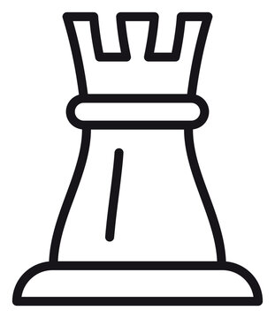 Chess rook piece vector icon, minimalist black line art illustration of a castle tower chess piece, strategic board game symbol, scalable graphic for gaming, competition, and strategy concepts