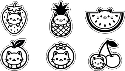 Obraz premium Black and white kawaii cats inside fruit shapes vector art