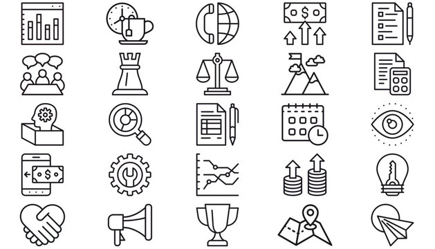 25 Minimalist Black Vector Icon Set Collection Bundle for Business Finance Marketing and Technology. Symbols for Growth Analytics Success Communication Teamwork Strategy and Data Analysis.