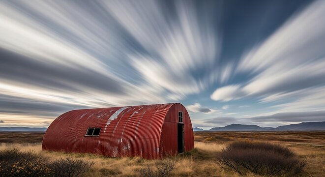 Old red nissen hut in a vast icelandic landscape with dramatic long exposure clouds stretching across the sky at sunset