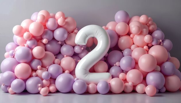 White inflated number 2 balloon centerpiece surrounded by large cluster of pink, purple pastel balloons. Festive balloon arrangement perfect for second birthday party anniversary celebration.