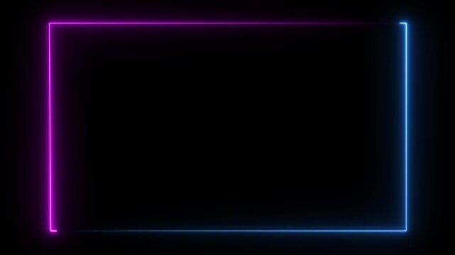 rectangle frame icon animation glowing neon pink and blue color bordar frame display box round shape retro screen photo frame rotation seamless footage line movement on black 4k video animation