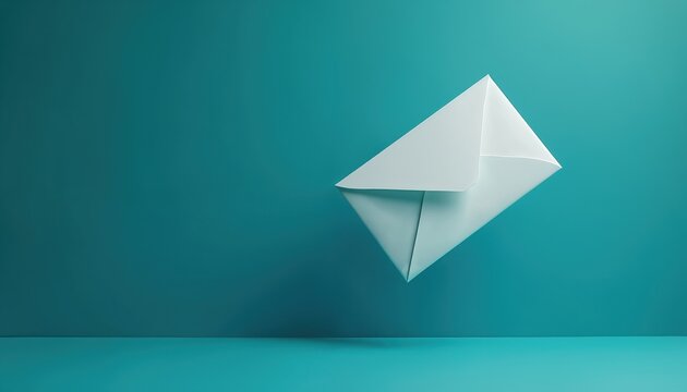 White envelope floats against teal wall. Minimalist design suggests communication and creativity. Simple backdrop for message delivery concepts.