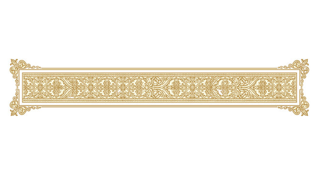 A long horizontal decorative border showcases intricate gold filigree and ornate scrollwork patterns with symmetrical corner accents on a white background.
