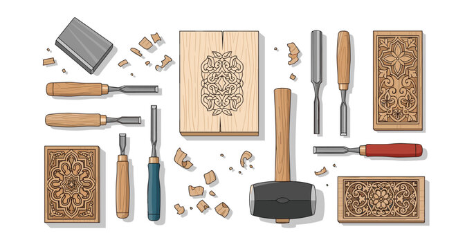 This comprehensive flat lay illustration showcases a professional set of woodworking chisels alongside a wooden mallet and intricately carved floral timber panels.