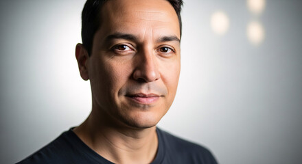 Obraz premium Professional studio portrait capturing a thoughtful man's direct gaze, conveying a sense of confidence, approachability, and calm focus in a well-lit setting