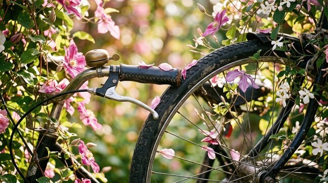 Close-up of a bicycle wheel and handlebars framed by flowering vines and petals illuminated by sunlight with a softly blurred