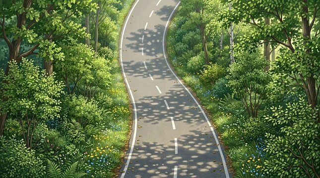 Top view of a deserted bike path flanked by trees and shrubs with sunlight creating dappled patterns across the lane, realistic