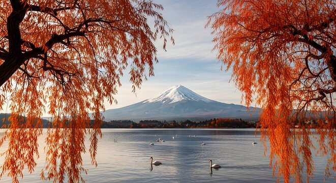 Mount fuji with weeping cherry blossoms