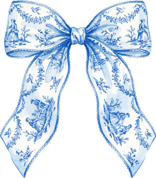 Blue Watercolor Toile Coquette Bow on a white background