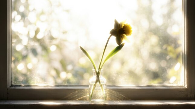 A single daffodil in a small vase placed directly against a glowing window with intense backlight outlining the flower and stem,