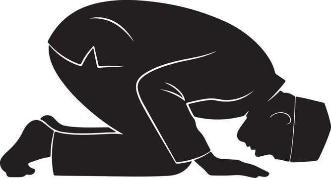 Silhouette of a muslim man in a prostration position during prayer wearing a traditional kufi cap and islamic robe