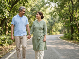 Obraz premium mature couple enjoying calm walk together in green outdoor setting for wellness lifestyle relationship early retirement and healthy living concept