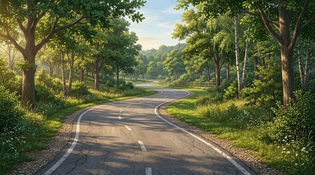 Side view of an empty bike path curving through a park with sunlight creating long soft shadows and highlighting textures of