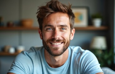 Obraz premium Happy man with beard smiles. Caucasian man in light blue t-shirt sits indoors. He has blue eyes and brown hair. Casual style, friendly look, relaxed atmosphere.