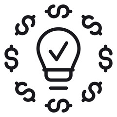 Vector illustration of a light bulb icon with a checkmark inside, surrounded by a circular arrangement of dollar signs, representing a successful business idea, monetization, and financial profit. © Ahsan