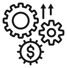 Obraz premium Business growth and financial efficiency vector icon illustration featuring three interlocking gears with a dollar sign and upward arrows representing economic progress and profit optimization.