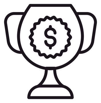 Black line art vector icon of a trophy cup award featuring a dollar sign symbol inside a seal, representing financial success, monetary prize, business achievement, and wealth recognition.