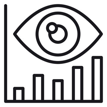 Data analytics and monitoring vector icon illustration featuring a human eye observing a bar chart, representing vision, insights, business statistics, and growth analysis in black silhouette.
