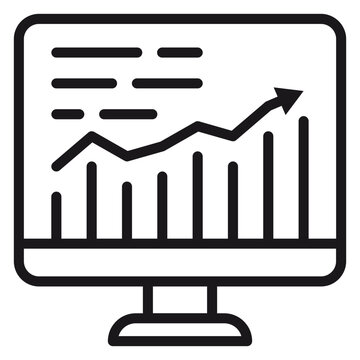 Black vector icon illustration of a computer monitor displaying a financial growth chart with a rising bar graph and an upward-pointing arrow, symbolizing business success and data analysis.