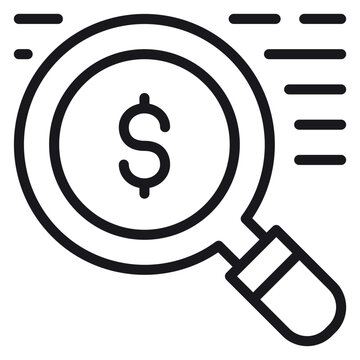 Minimalist black line vector icon of a magnifying glass with a dollar sign symbol inside, representing financial search, money analysis, auditing, investment research, and business monitoring.