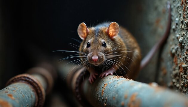 Brown rodent sits on rusty metal pipe in dark basement corner. Small animal with whiskers and pink nose looks at camera. Dirty concrete wall texture and plumbing visible.